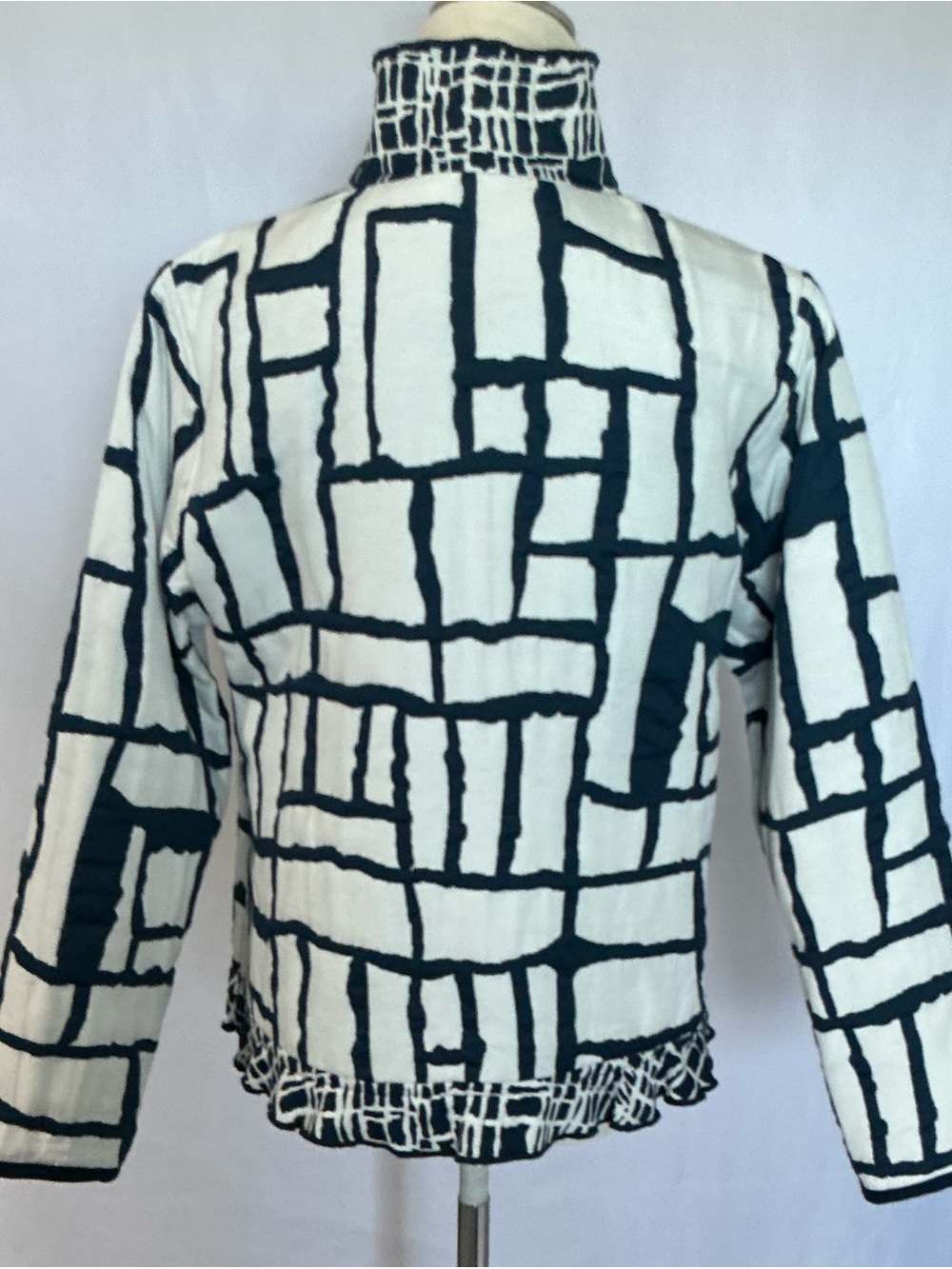 Trimdin Navy Ivory Reversible Ruffle Artisan Jacket Geometric - Picture 4 of 13